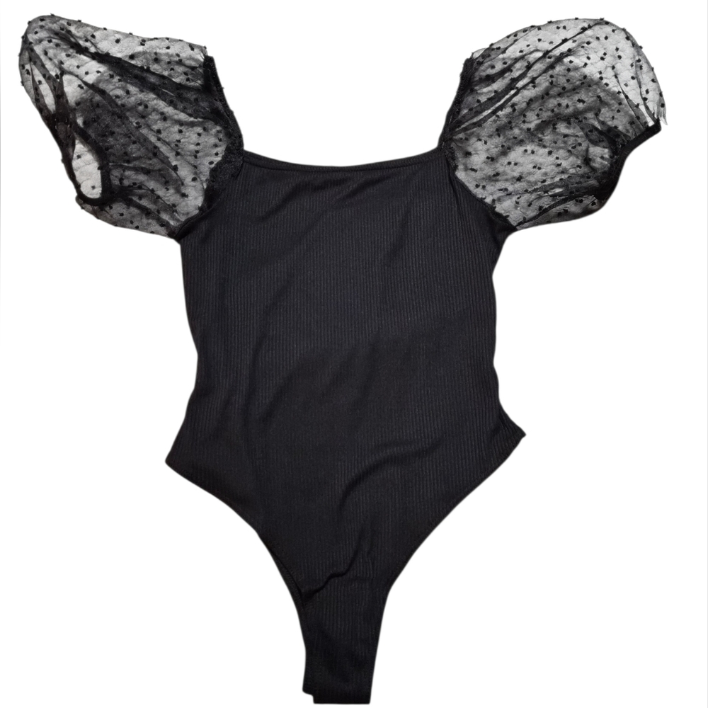 Altar'd State Black Ribbed Bodysuit with Sheer Dot Puff Sleeves